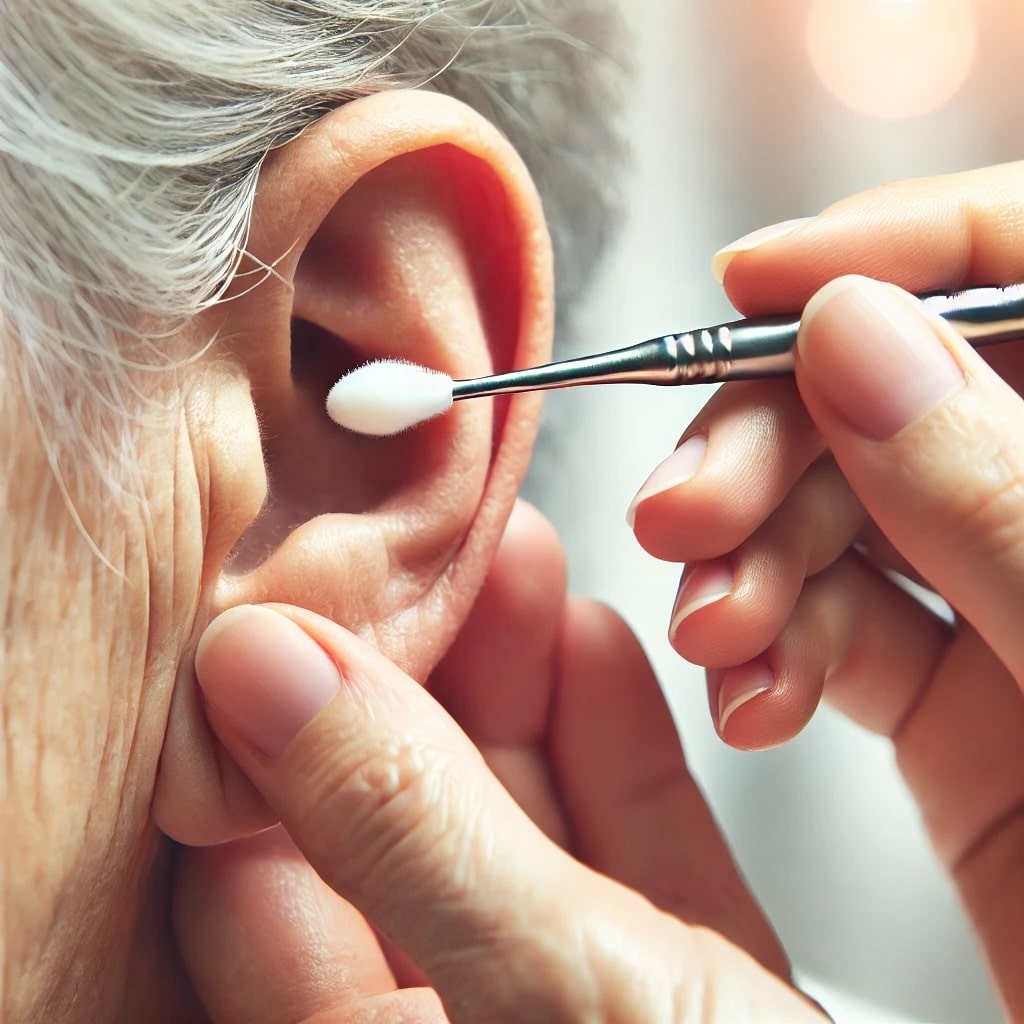 Elderly person receiving ear care with a cotton swab tool.