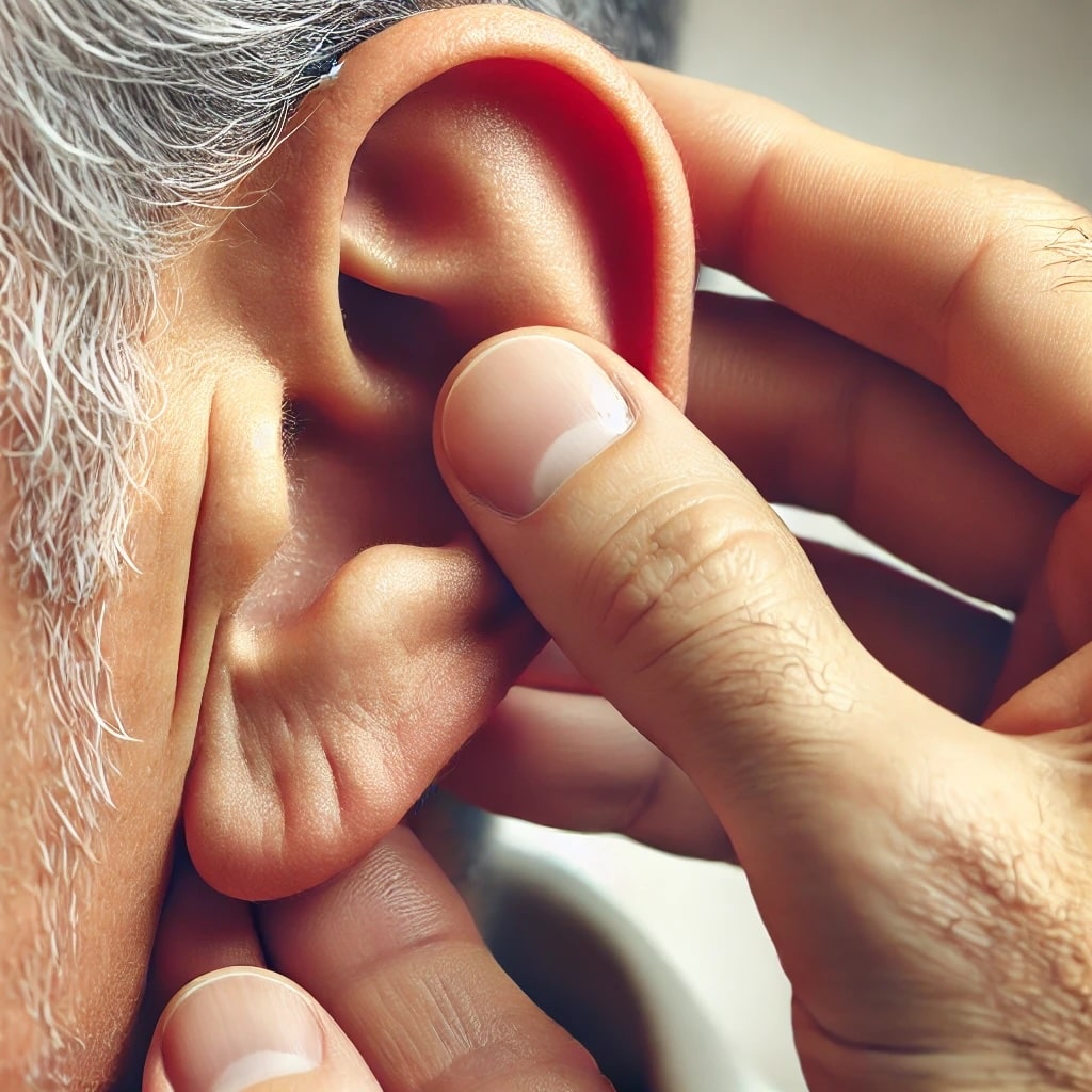 Close-up of an elderly person’s ear being gently held during ear care.